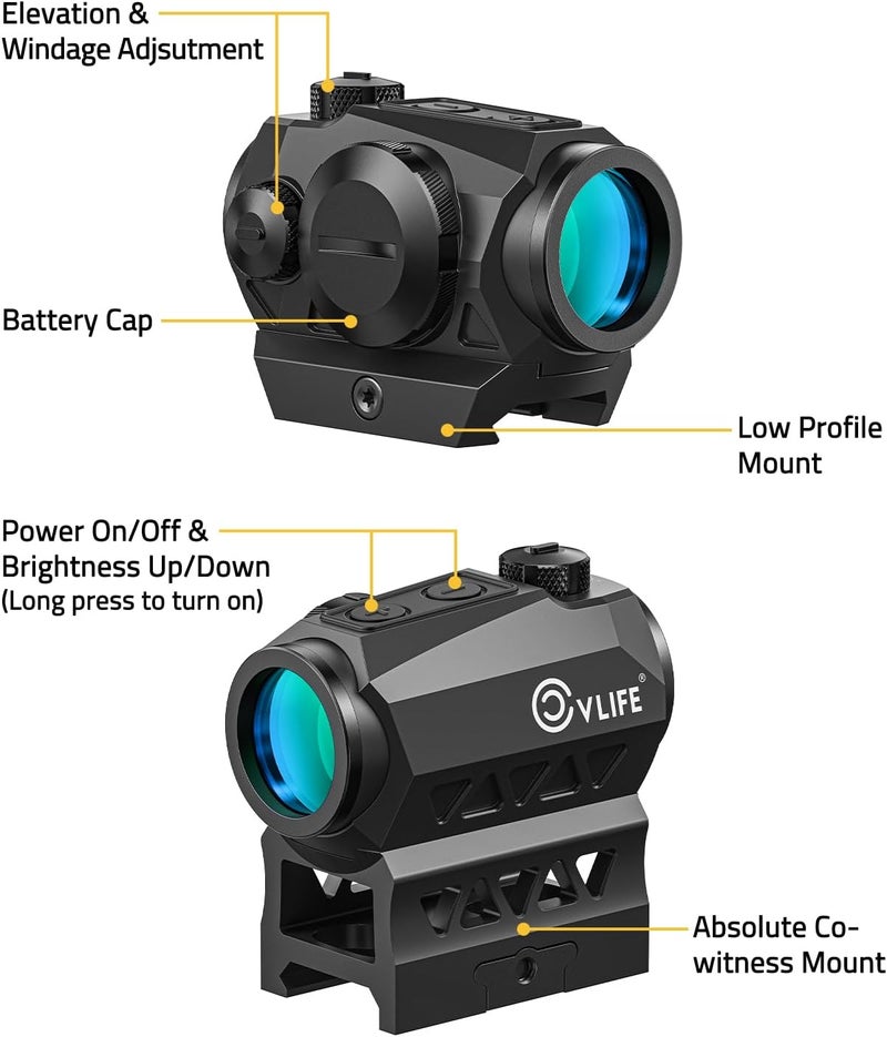 CVLIFE JackalHowl Red Dot Sight,1x20mm 2MOA Red dot Motion Awake Red Dot Scope Compact Red Dot Optics with Co-Witness Riser and Low-Profile Mount,10 Brightness Button Settings - Image 4